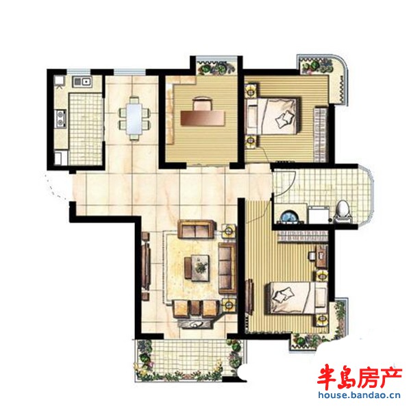 海信都市阳光D户型3室2厅1卫1厨 130.00㎡