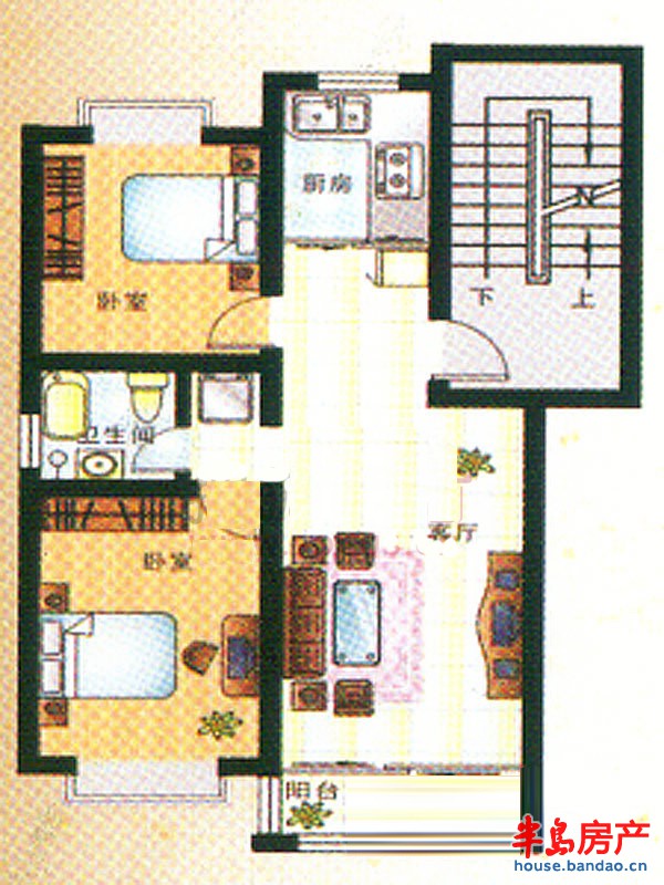 两室两厅一卫79.64平A2户型图