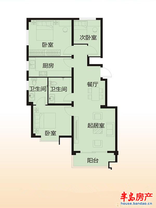 一单元02户型3室2厅2卫1厨 113.75㎡