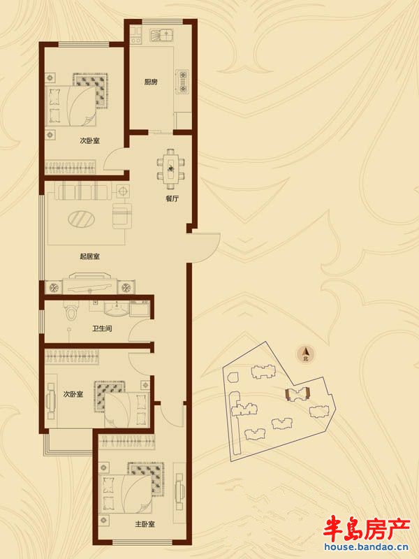 东方公园世家3-A典范世家户型3室2厅1卫 119.00㎡