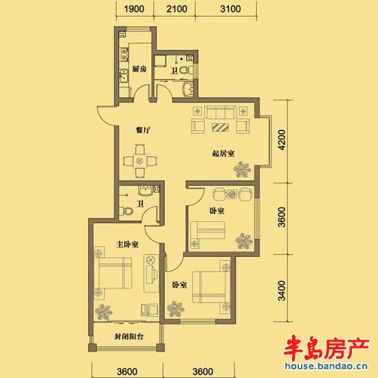 凯景花园二期1.2.3号楼A1户型（东户）3室2厅2卫1厨 119.87㎡