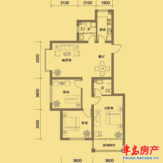 凯景花园二期1.2.3号楼A1户型（西户）3室2厅2卫1厨 119.87㎡