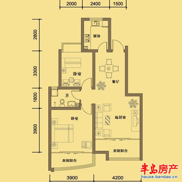 凯景花园二期1.2.3号楼B户型（东户）2室2厅1卫1厨 95.29㎡