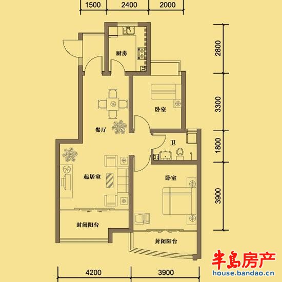 凯景花园二期1.2.3号楼B西户型（B西1层）2室2厅1卫1厨 95.26㎡