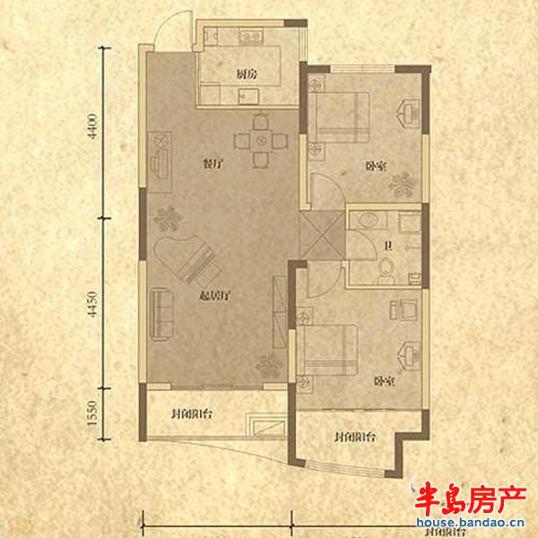 凯景花园一期经典空间2室2厅1卫1厨 89.06㎡