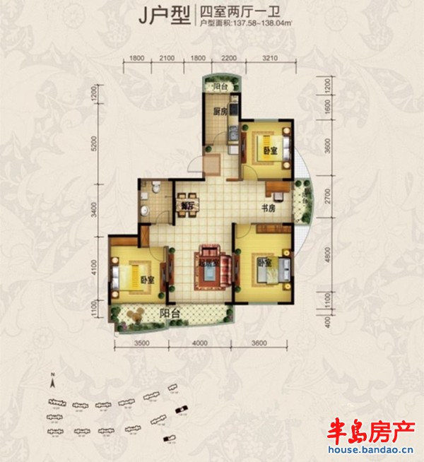 J户型4室2厅1卫1厨 137.58㎡