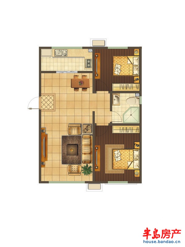 国宏雅居C户型2室2厅1卫1厨 90.00㎡