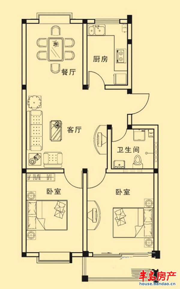 奥润仁和梅苑标准层红梅舍户型2室2厅1卫1厨 84.00㎡