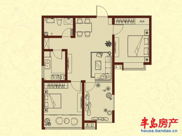 青岛万德丰观景苑高层标准层户型2室1厅1卫1厨 100.43㎡