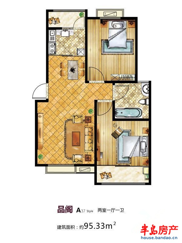 青岛万德丰观景苑高层标准层户型2室1厅1卫1厨 95.33㎡