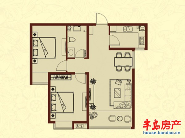 青岛万德丰观景苑高层标准层户型2室1厅1卫1厨 94.62㎡