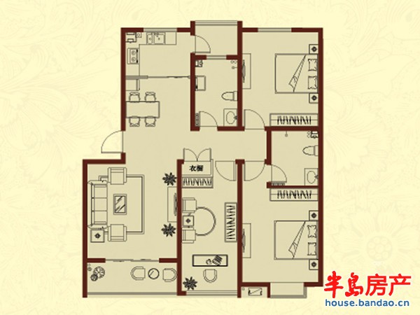 青岛万德丰观景苑高层标准层户型2室1厅2卫1厨 147.89㎡