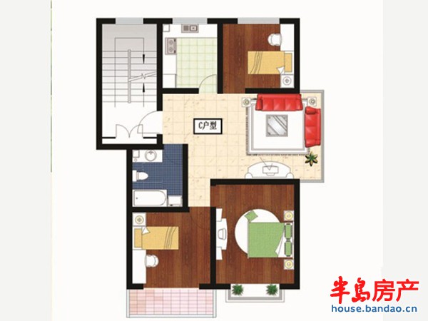 御景世家1、3、10、12号楼1、4单元C户型3室1厅1卫1厨 87.17㎡