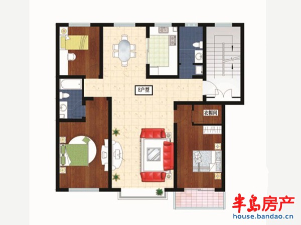 御景世家6号楼标准层D户型3室2厅2卫1厨 134.75㎡