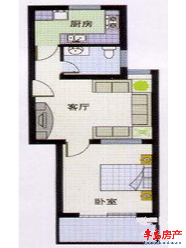 唐街映象A户型1室2厅1卫1厨 69.00㎡