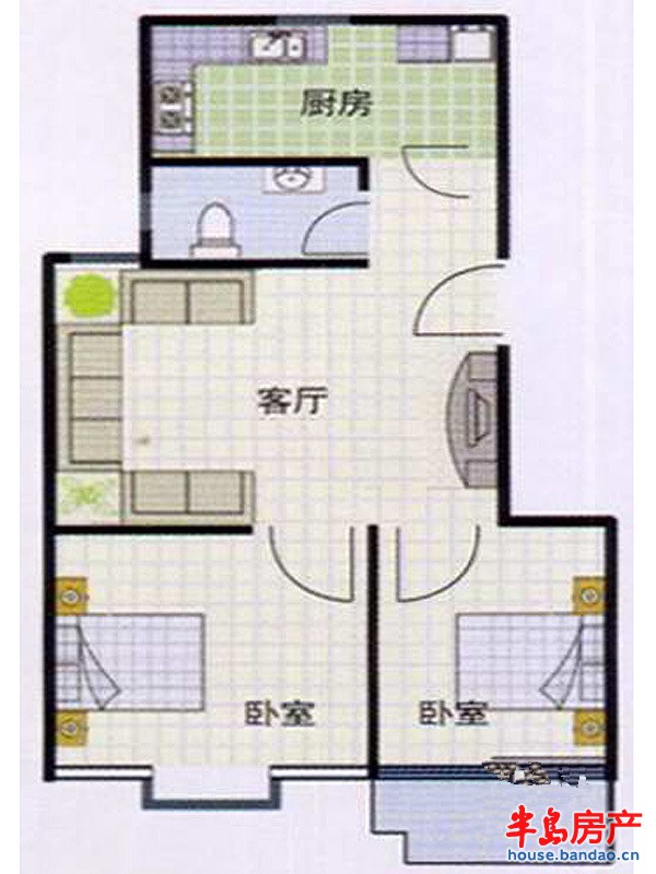 唐街映象B户型2室2厅1卫1厨 79.00㎡