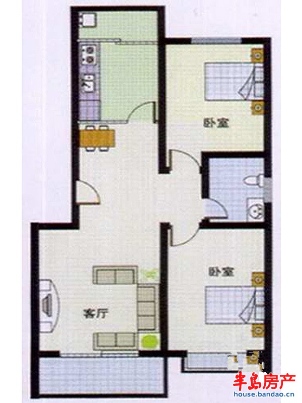 唐街映象C户型2室2厅1卫1厨 79.00㎡