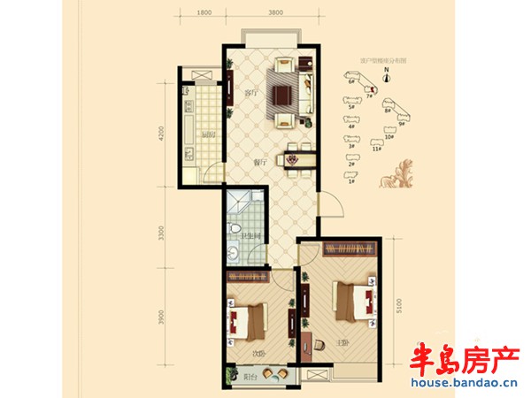 d1户型2室2厅1卫1厨 91.00㎡