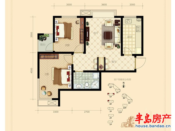 c1户型2室2厅1卫1厨 76.00㎡