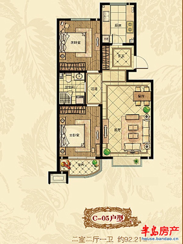 映月公馆C-05户型2室2厅1卫1厨 92.21㎡