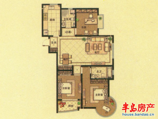 映月公馆D户型3室2厅2卫1厨 124.59㎡