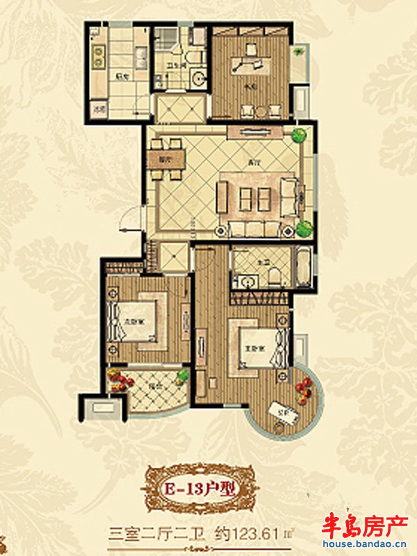 映月公馆E-13户型3室2厅2卫1厨 123.61㎡
