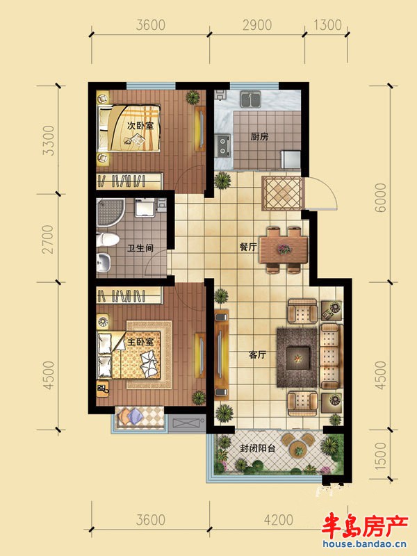 1号楼标准层B户型2室2厅1卫1厨 91.79㎡