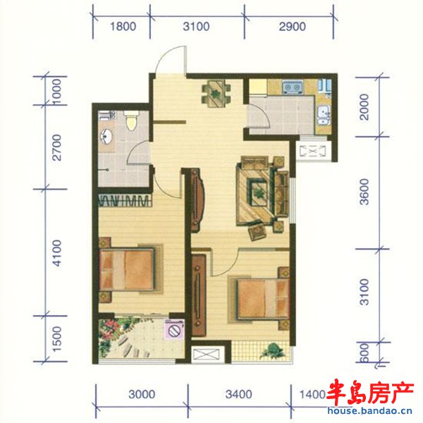 3-E户型2室2厅1卫1厨 76.02㎡