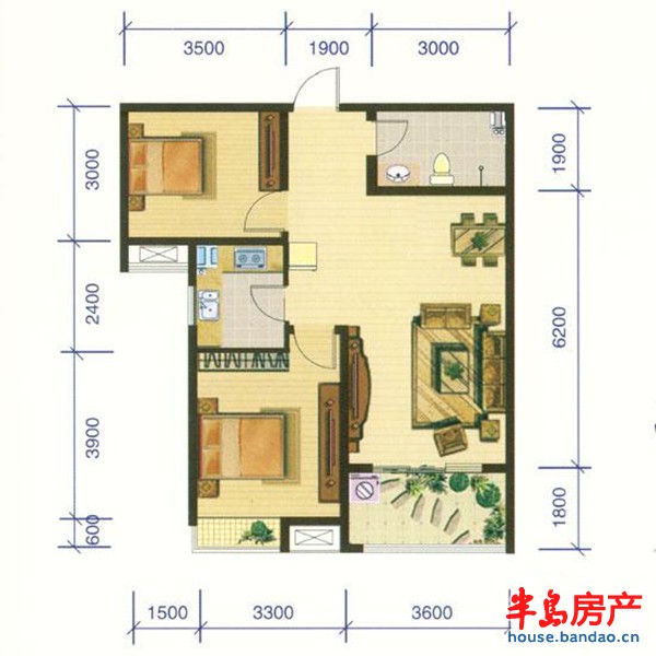 3-B户型2室2厅1卫1厨 91.95㎡