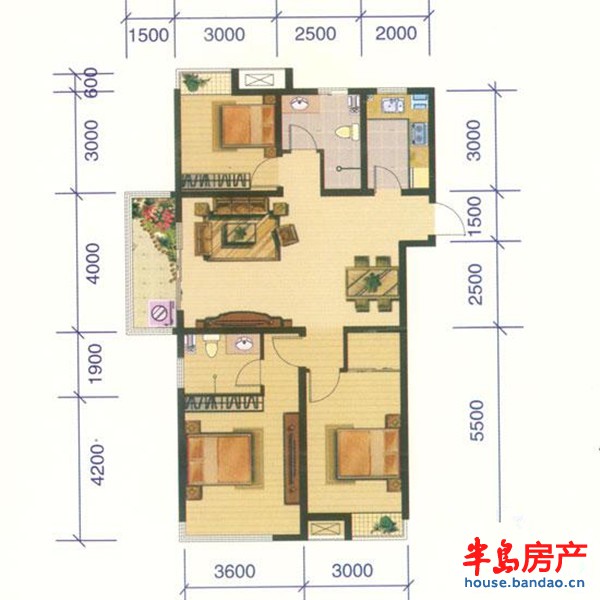 3-A户型3室2厅1卫1厨 124.61㎡