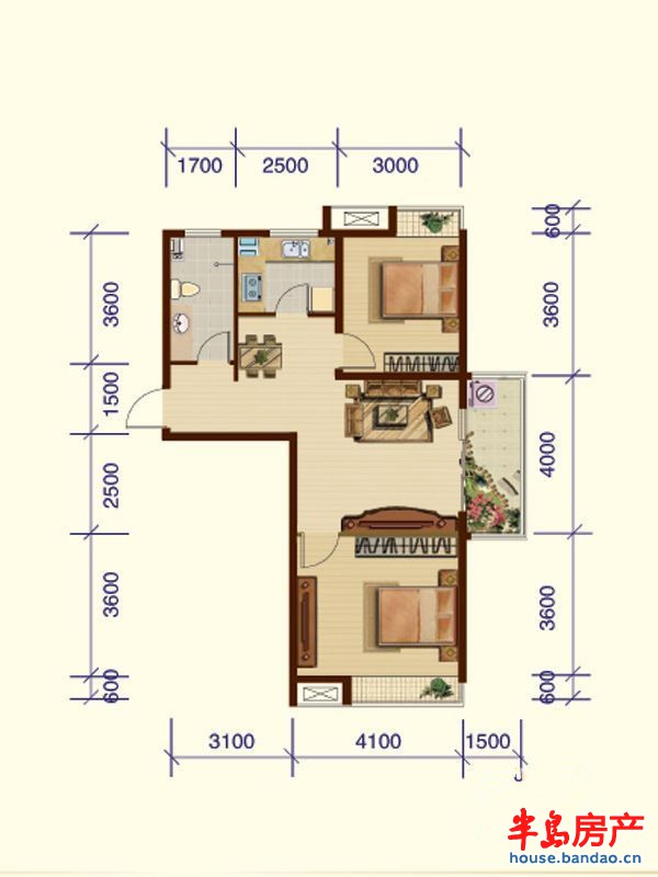 2-F户型图2室2厅1卫1厨 89.29㎡