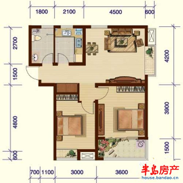 1号楼D户型2室2厅1卫1厨 90.08㎡