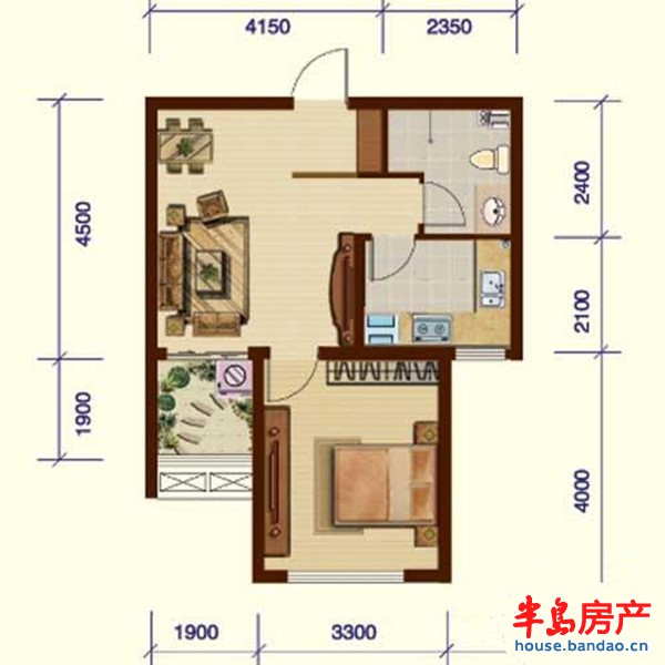 1号楼C户型1室2厅1卫1厨 61.08㎡