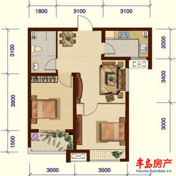 1号楼B户型2室2厅1卫1厨 75.62㎡