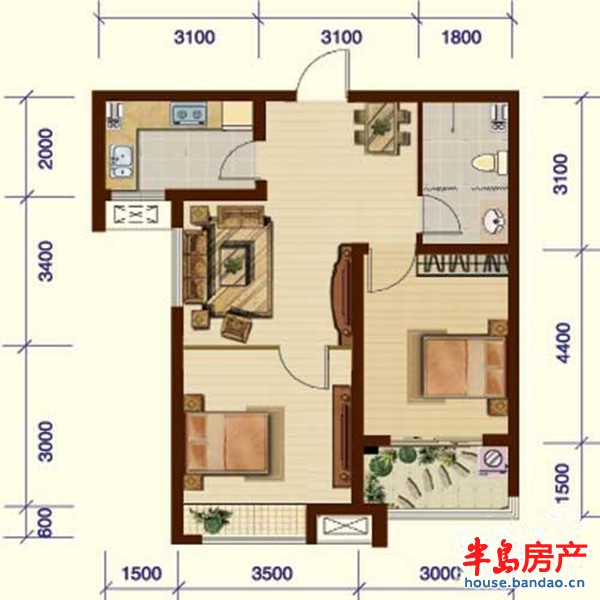 1号楼B’户型2室2厅 77.62㎡