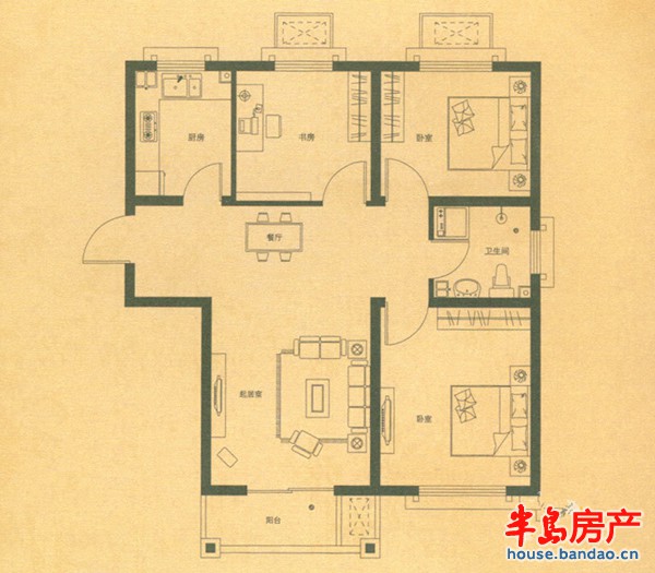 春和景明二期标准层A1户型3室2厅1卫1厨 90.00㎡