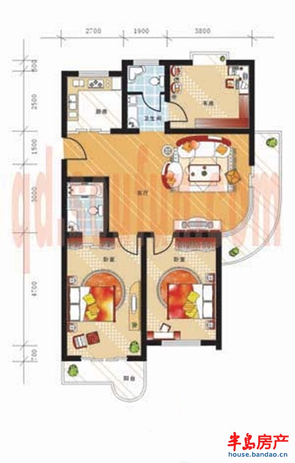 东城水岸户型图3室1厅2卫1厨108㎡ 