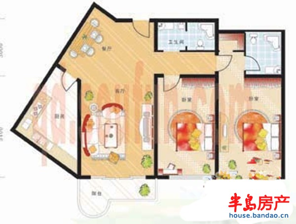 东城水岸B3户型图2室2厅2卫1厨110㎡ 