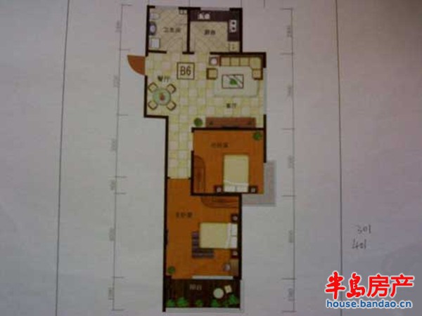 东城水岸B6户型图2室2厅1卫1厨84㎡ 