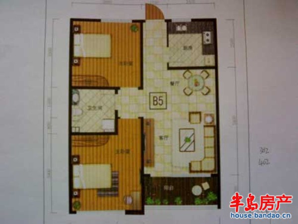 东城水岸B5户型图2室2厅1卫1厨86㎡ 