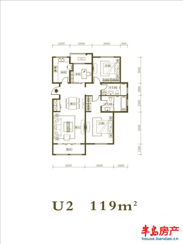 青岛印象山户型图2室2厅2卫1厨 119.00㎡