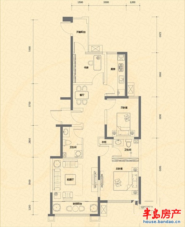 盛世美邦3-B户型户型图3室2厅2卫1厨 116.62㎡