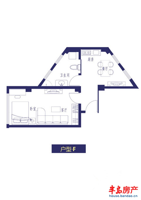 户型F1室2厅1卫1厨 61.00㎡