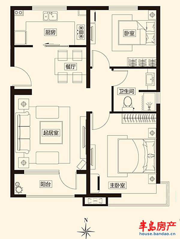 银盛泰星河城高层标准层经典两房户型图2室2厅1卫1厨 89.00㎡