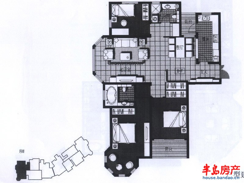 金沙滩壹号户型图4室2厅3卫1厨 252.09㎡ 