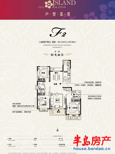 中交阳光屿岸F2户型图3室2厅1卫1厨 120.36㎡