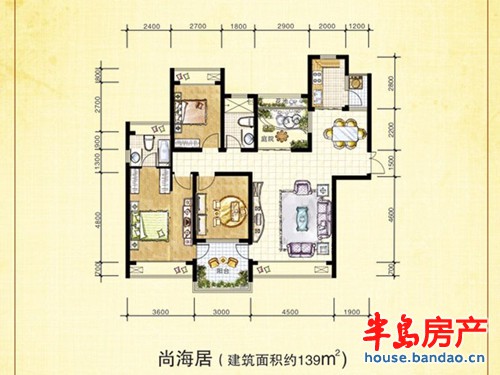 奥润馨海国际城尚海居户型3室2厅2卫1厨 139.00㎡