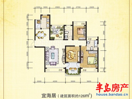 奥润馨海国际城宜海居户型3室2厅2卫1厨 126.00㎡