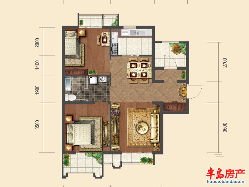 TAHA时区15#楼G户型2室2厅1卫1厨 87.00㎡