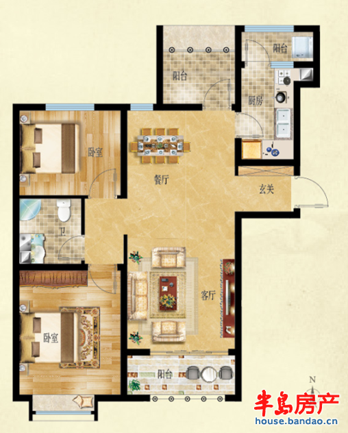 E3户型 金色年华 两室两厅一卫 建筑面积约89㎡